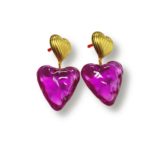 Vintage Pink-Purpleheart  Gold Plated Lucite Earring